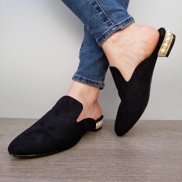 Suede Slip On Loafer Mule Pearl Accents on Heel -B - Picture 6 of 7